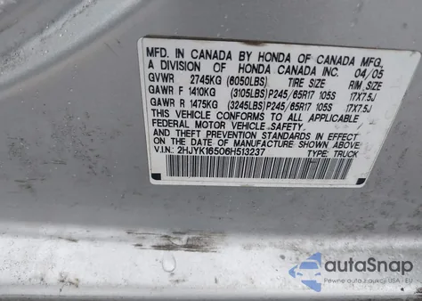 2006 Honda Ridgeline Rtl z USA, uszkodzony, nr VIN 2HJYK16506H513237